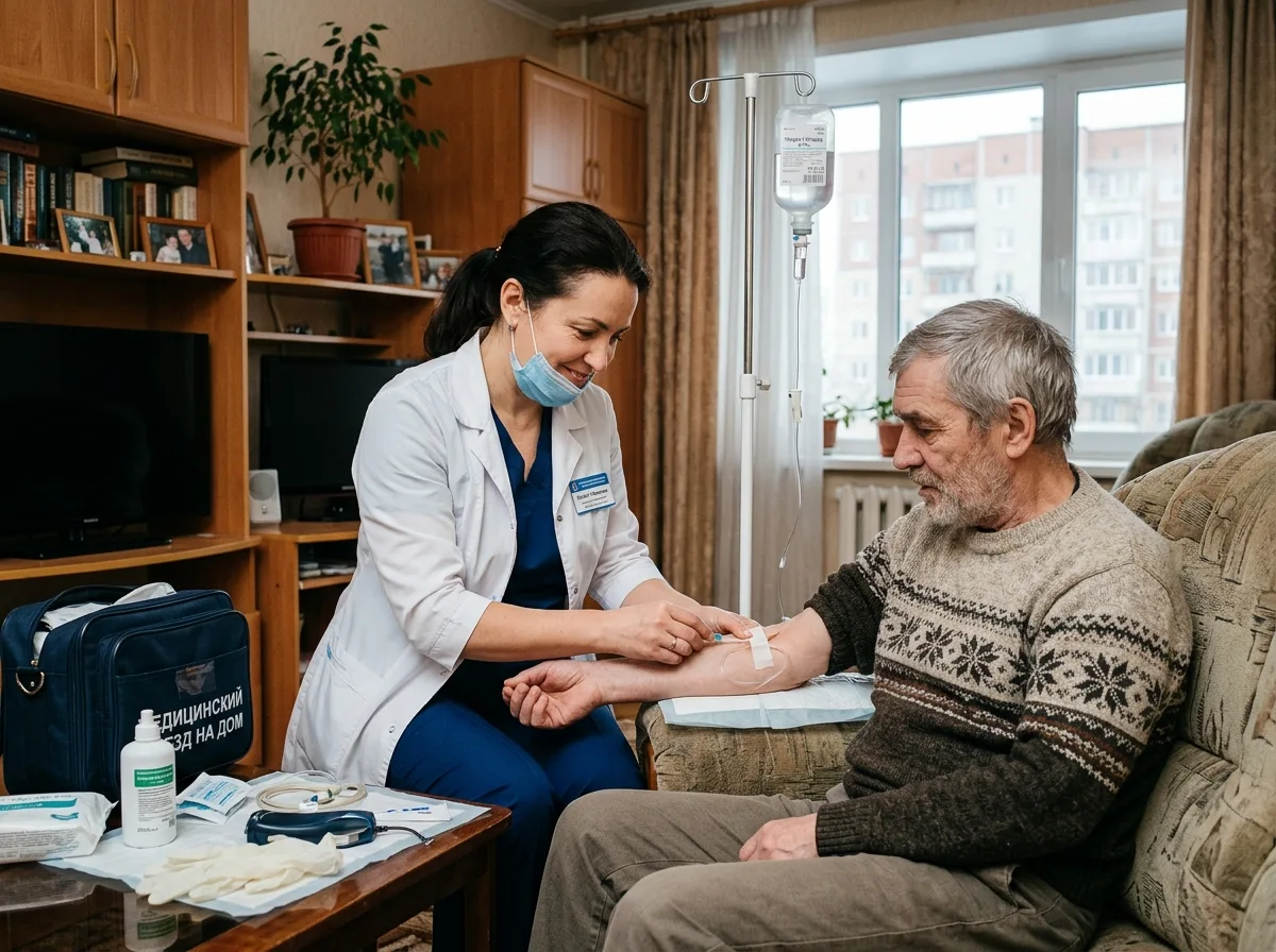 Врач-нарколог в белом халате ставит капельницу пациенту в уютной домашней обстановке, Екатеринбург, профессиональный медицинский выезд на дом
