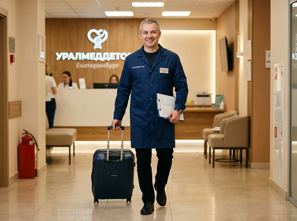 Профессиональный нарколог клиники УралМедДетокс в Екатеринбурге — уверенный мужчина в медицинском халате с чемоданчиком для выезда, тёплое клиническое освещение