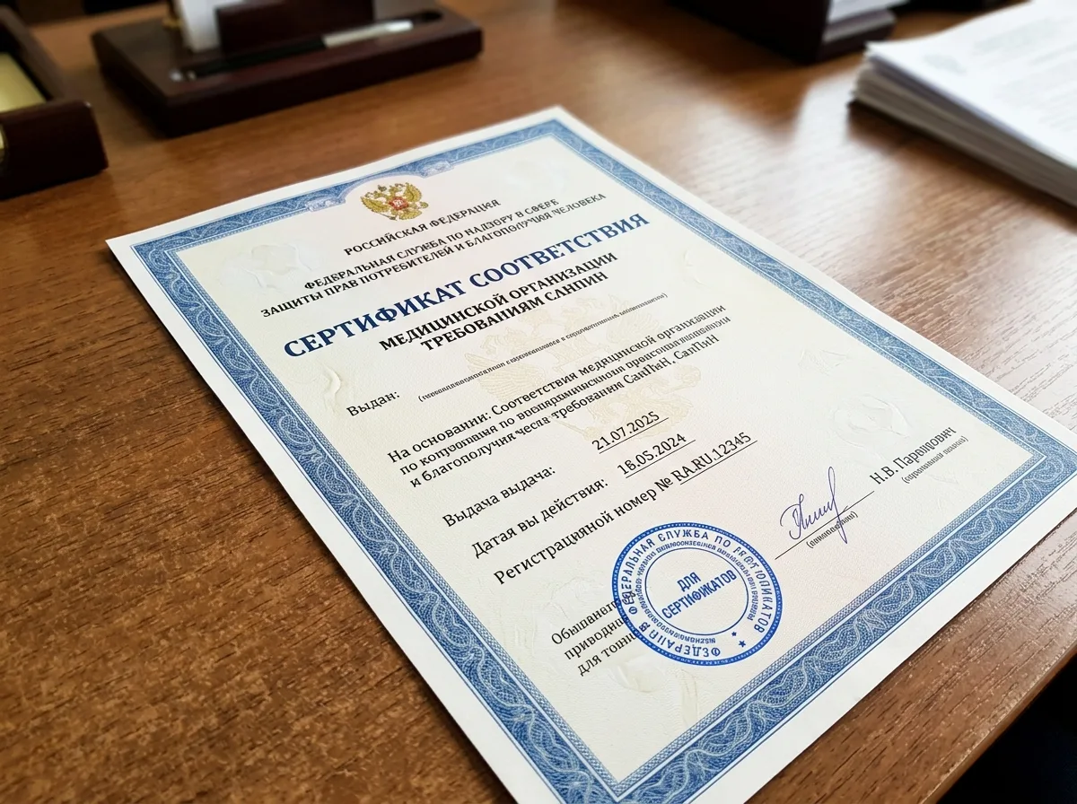 Сертификат соответствия медицинской организации требованиям СанПиН — официальный документ государственного образца, синий орнамент, печать