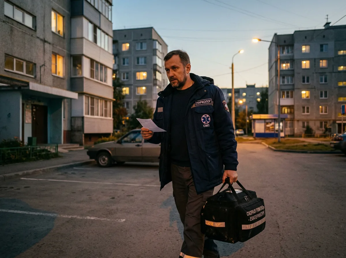 Нарколог с медицинским чемоданчиком идёт к пациенту — вызов врача-нарколога на дом в Екатеринбурге, вечернее освещение, профессиональный облик